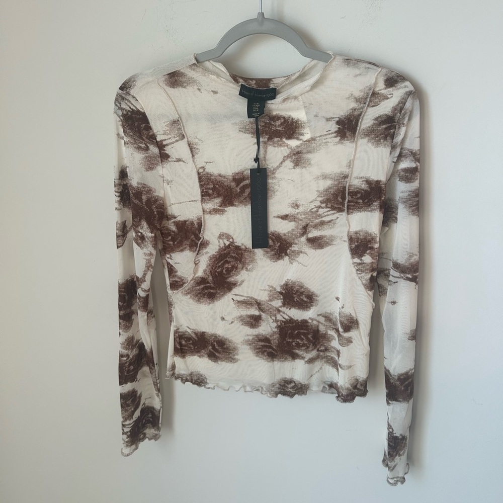 Cream Brown Rose print Mesh Long Sleeve Top